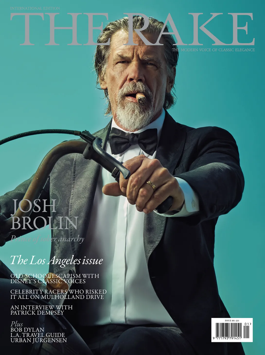 josh brolin photographed by Brian Bowen Smith wearing a tuxedo smoking a cigar sitting on a motorcycle